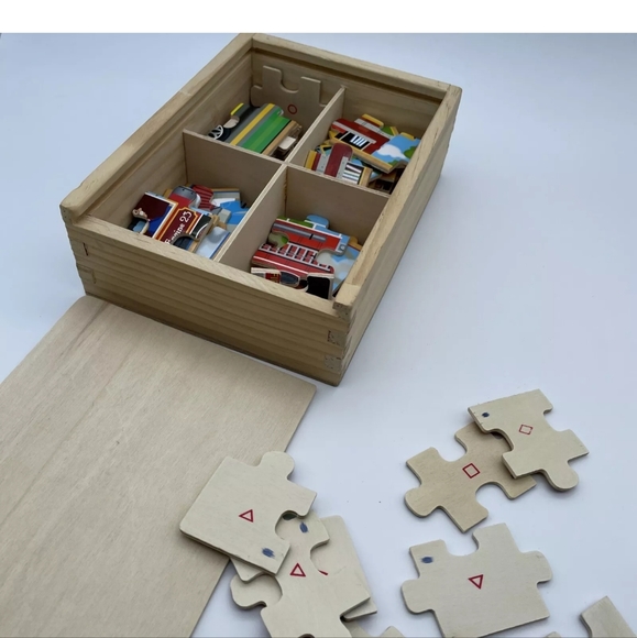 MELISSA & DOUG 4 WOODEN JIGSAW PUZZLES IN A BOX ~ BUS/TRAIN/FIRE/RACER ~ 48 PC. - Picture 4 of 4
